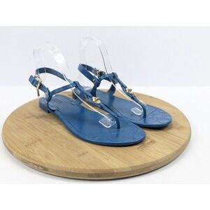 Coach Sandals Womans 8 B T Strap Flats Jelly Aqua Blue Buckle Charm Summer Beach